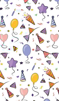 seamless pattern colored bright adorable flat vector  stories vertical layout invitation web stories birthday party with a birthday cake, balloons and candles crackers  flags isolated on white