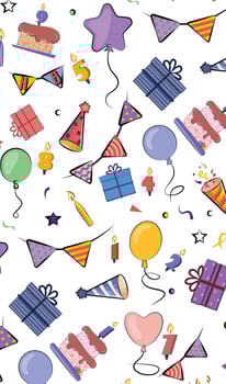 seamless pattern colored bright adorable flat vector  stories vertical layout invitation web stories birthday party with a birthday cake, balloons and candles crackers  flags isolated on white