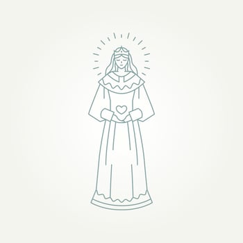 beautiful queen feminine line art template vector illustration design. beauty queen or princess holding hearth with a glowing face