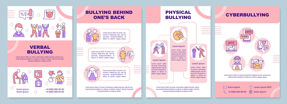 Teenage bullying pink brochure template. Cyberbullying. Leaflet design with linear icons. Editable 4 vector layouts for presentation, annual reports.