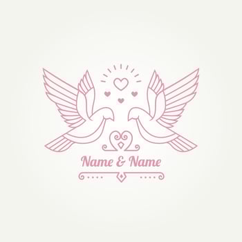 Couple of white bird doves with shining heart line art simple logo template vector illustration design. Wedding, marriage, Romantic logo concept