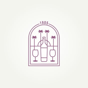 wine glass and bottle with beach view badge logo template vector illustration design. minimalist wine list, restaurant, winery emblem logo concept