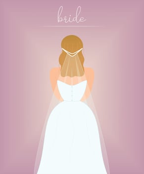 Beautiful bride in wedding dress and bridal veil, rear view. Tender flat vector illustration