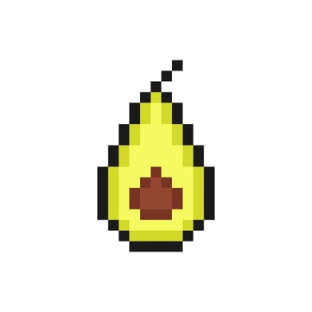 Pixel half of avocado. Ripe green vegetable with brown seed and tail. Organic element of healthy vegan food and 8bit vector game