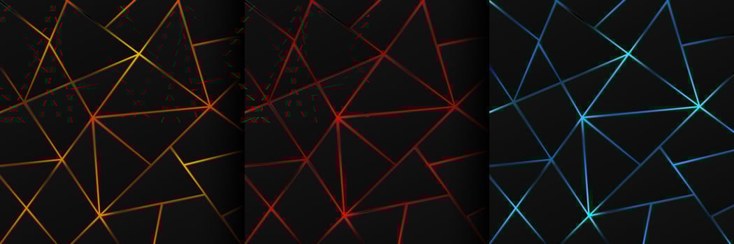 Set of dynamic green, blue and red light lines on black metallic in geometric shapes design. Modern technology futuristic dark background. Design for banner, cover, web, flyer. Vector illustration