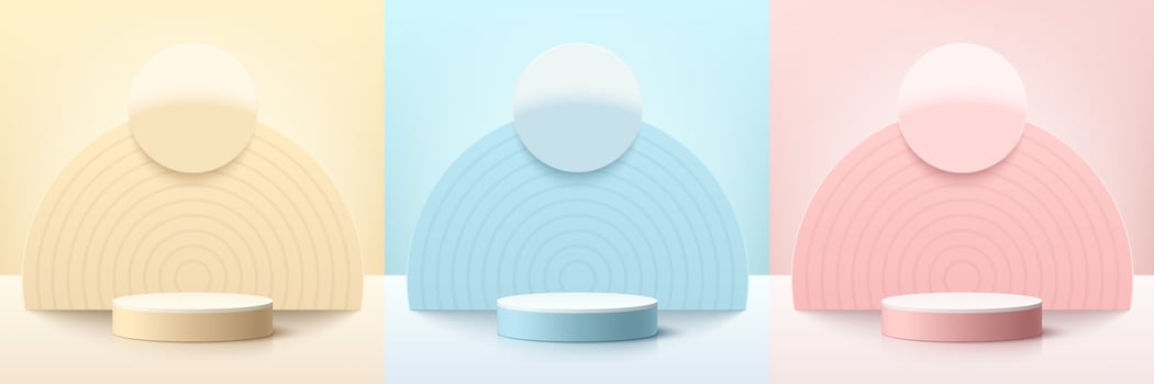 Set of pink, yellow, blue room with realistic 3d cylinder podium and 2 semi circle overlap background. Abstract minimal scene for mockup products display, Stage for showcase. Vector geometric forms.