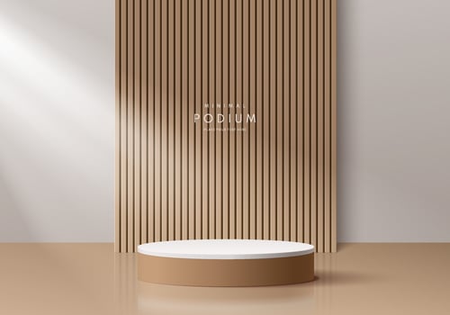Realistic brown wood and white 3D cylinder pedestal podium with vertical wood pattern background. Abstract minimal scene for mockup products, stage showcase, promotion display. Vector geometric forms.