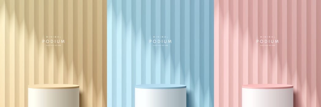 Set of pink, yellow, blue, white realistic 3d cylinder stand podium with vertical serrated texture background. Vector geometric forms. Abstract minimal scene, Mockup products display. Stage showcase.