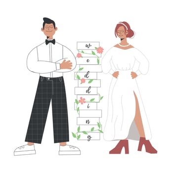 Wedding couple standing near the wedding sign. The newlyweds are getting married. The concept of love. vector