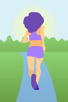 Beautiful slender girl going in for sports in purple clothes. Girl turned her back. Woman jogging along the path in the park vector