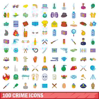 100 crime icons set, cartoon style vector