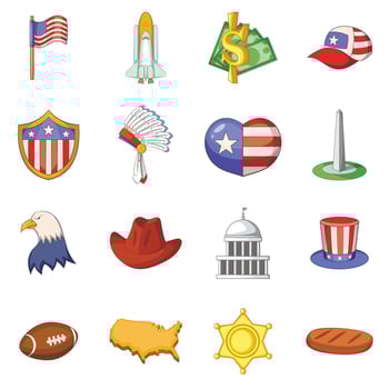 USA travel items icons set, cartoon style vector