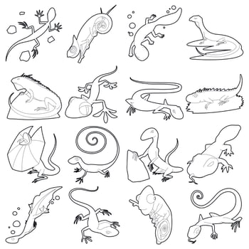 Lizard type animals icons set, outline style vector