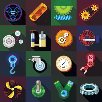 Technical mechanisms icons set, flat style vector