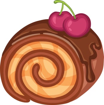 Sweet roll with cherries and chocolate, hand-drawn illustration vector