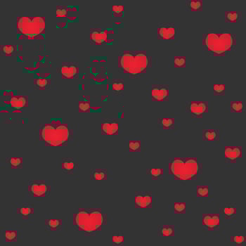 Simple hearts seamless pattern. Valentines day background. Flat design endless chaotic texture made of tiny heart silhouettes. Shades of red. Red hearts at black background. Vector illustration