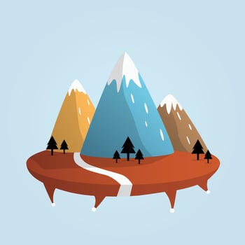 Mountains with snow-covered peaks, rocks on hill, backpacking, vector