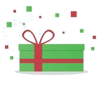 Delight present, surprise green gift box, birthday celebration, special give away package, loyalty program reward, wonder gift with exclamation mark, vector icon, flat illustration
