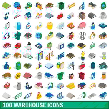 100 warehouse icons set, isometric 3d style vector