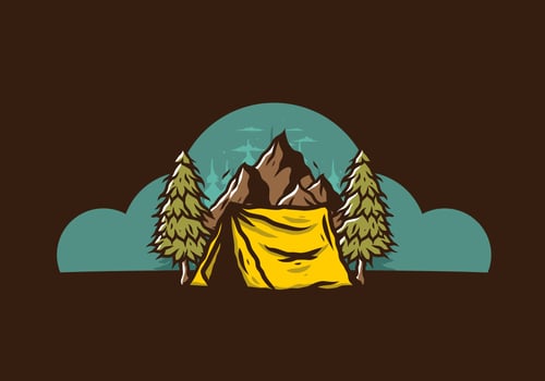 Camping tent in front of the mountain and between pine trees vector