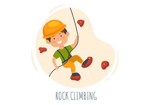 Rock Climbing with Climber Cute Kids Climbs Wall on Background Flat Cartoon Illustration vector