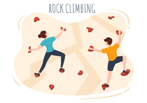 Rock Climbing with Climber Climbs Wall of Extreme Sportsmen and Sportswomen in Flat Cartoon background Illustration vector