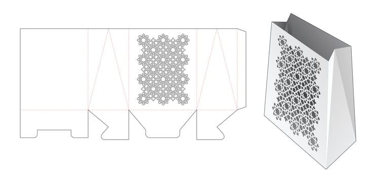 Cardboard stenciled Arabic pattern bag die cut template and 3D mockup vector
