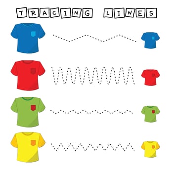 Trace line worksheet with  t-shirt  for kids, practicing fine motor skills.  Educational game for preschool children. vector