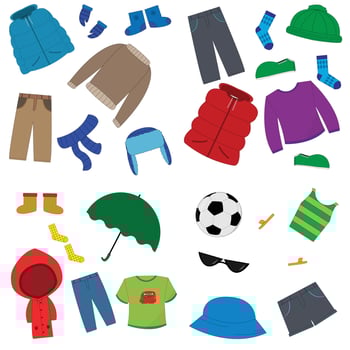 Children's seasonal clothes. Clothing season winter and spring Cartoon children's seasonal winter, spring, summer, autumn clothing.T-shirts, pants, jackets, shoes vector