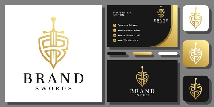 Initial Letter B Sword Shield Kingdom Knight Gold Luxury Logo Design with Business Card Template vector
