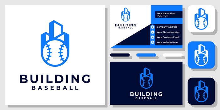 Buildings Ball Baseball Apartment Sport Field Architecture Logo Design with Business Card Template vector