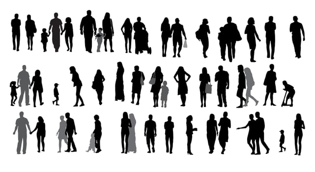 Set of Silhouette Walking People and Children. Vector Illustration.