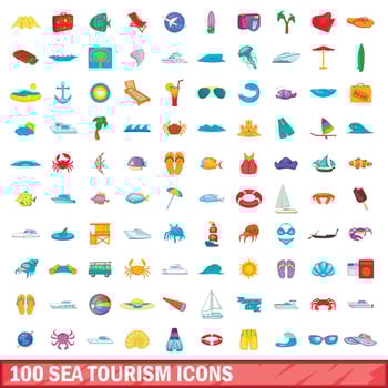 100 sea tourism icons set, cartoon style vector