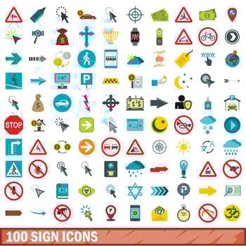100 sign icons set, flat style vector