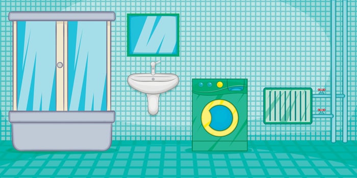 Plumber horizontal banner bathroom, cartoon style vector