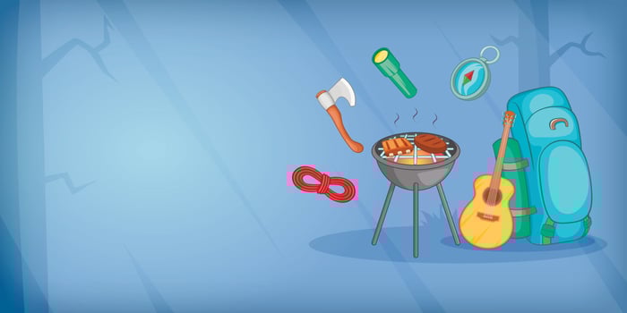 Camping horizontal banner items, cartoon style vector