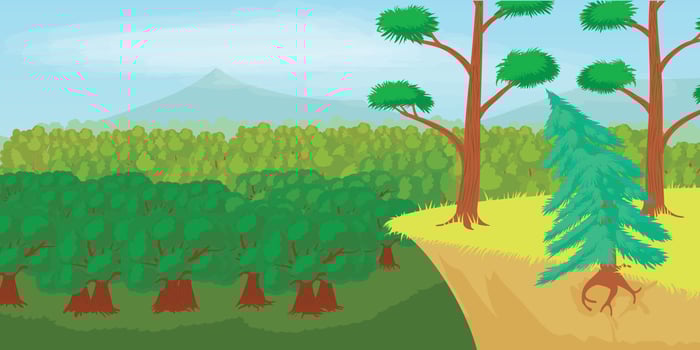 Forest landscape horizontal banner, cartoon style vector