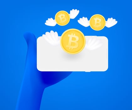 Mining bitcoins using mobile application. 3d vector concept