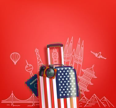Travel banner with USA bag and doodle world famous sights. 3d Vector banner with copy space