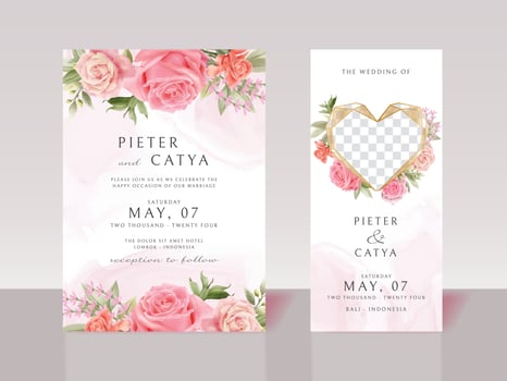 Beautiful pink floral watercolor wedding invitation cards vector