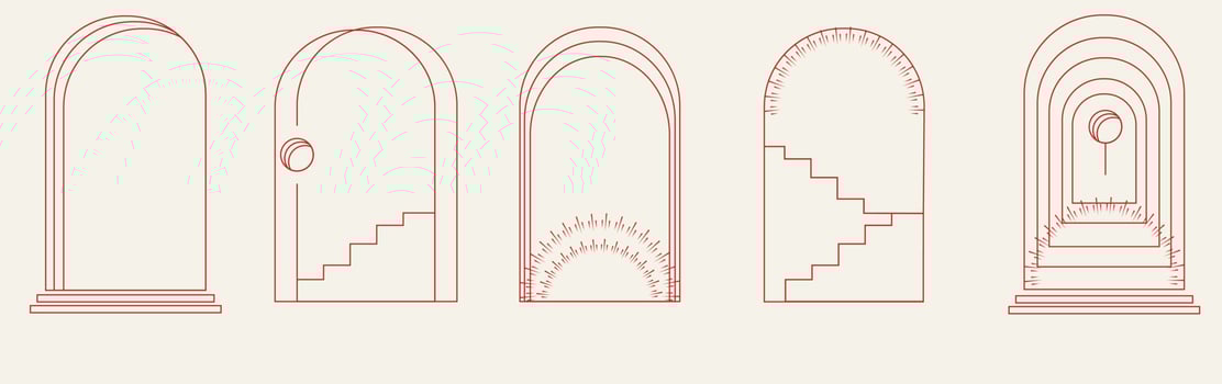 Esoteric linear logos in Boho style and frame elements. Vector stock illustration. Beige tone. Bohemian Linear