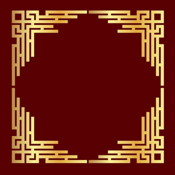 Traditional gold porcelain frame on red background. Vector flat illustration of chinese retro border, golden yellow antique decorative corner