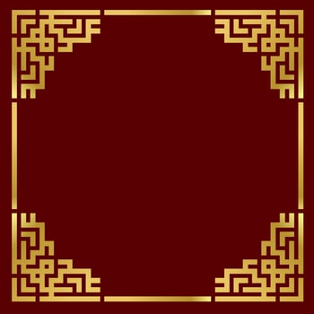 Traditional gold porcelain frame on red background. Vector flat illustration of chinese retro border, golden yellow antique decorative corner