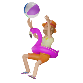 3D summer character wearing flamingo buoy and playing beach ball with transparent background png