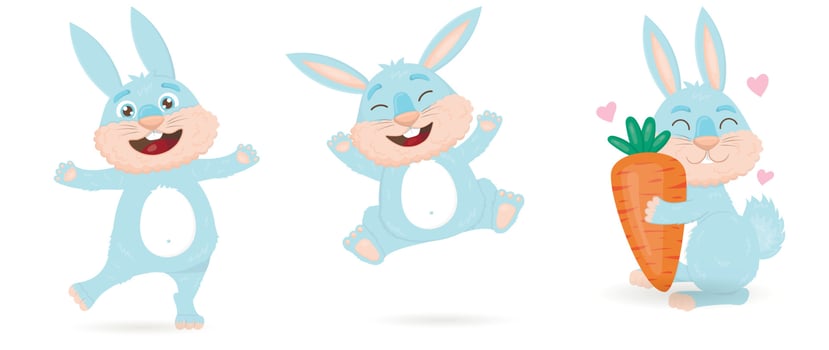 Collection of cute blue cartoon rabbits vector