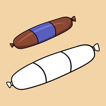 A set of pictures for a coloring book, a long smoked sausage with bacon, a vector cartoon illustration on a beige background