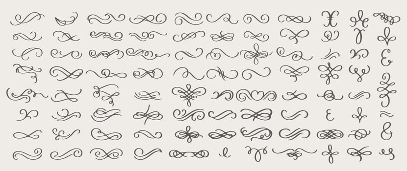 Swirls or scroll, vintage flourishes, stroke and curls. Swishes, swashes or swoops. Calligraphic line, wedding dividers text and calligraphy ornament ink vector design elements.
