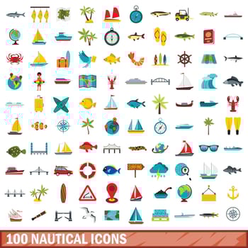 100 nautical icons set, flat style vector