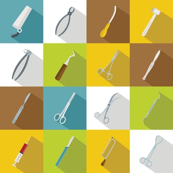 Surgeons tools icons set, flat style vector