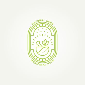 minimalist natural herb pharmacy line art badge logo template vector illustration design. simple mortar pestle leaf bowl alternative medicine emblem logo concept